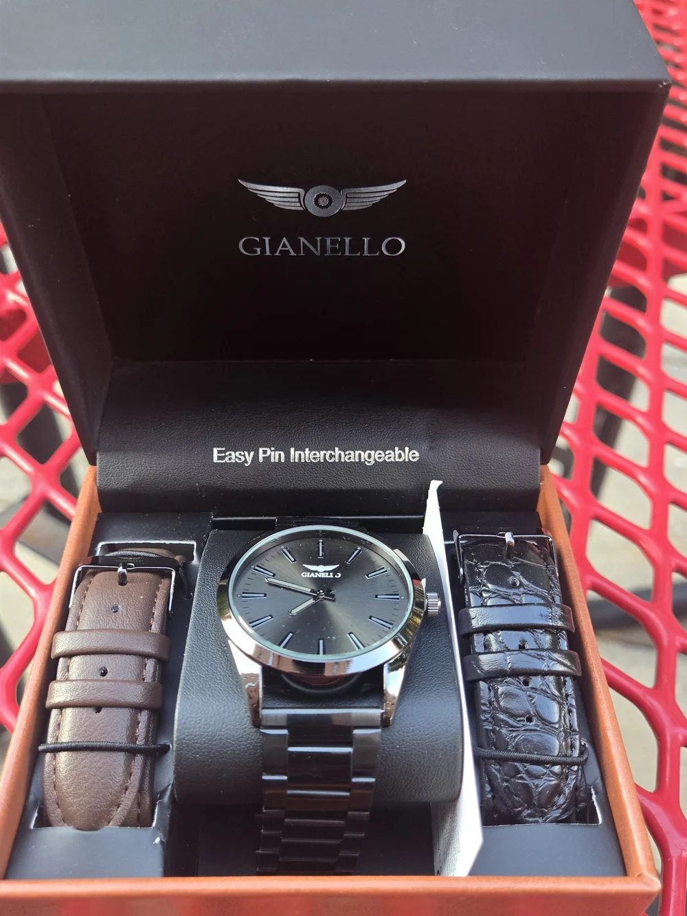 Gianello Men's Black Watch with Brown and Black Interchangeable Straps